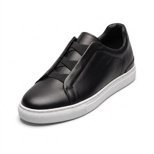 Aise, Sneakers Slip-On Noir & Marron 100% Cuir, Confort Absolu