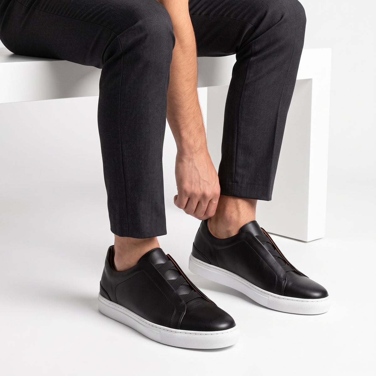Aise, Sneakers Slip-On Noir & Marron 100% Cuir, Confort Absolu