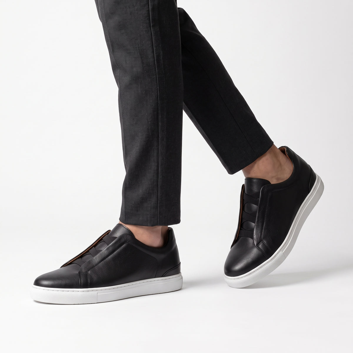 Aise, Sneakers Slip-On Noir & Marron 100% Cuir, Confort Absolu