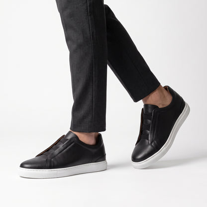 Aise, Sneakers Slip-On Noir & Marron 100% Cuir, Confort Absolu